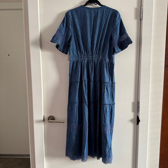 New Gap x LoveShackFancy Denim Tiered Midi Dress Blue Ruffle Button Sz M - Picture 10 of 10